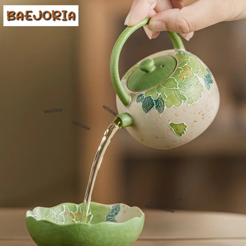 BAEJORIA 90ml Brownish Green Hand Painted Peony Teapot Retro Tea Infuser Pot Tea Brewing Kettle With Strainer Cha Ornaments Gift