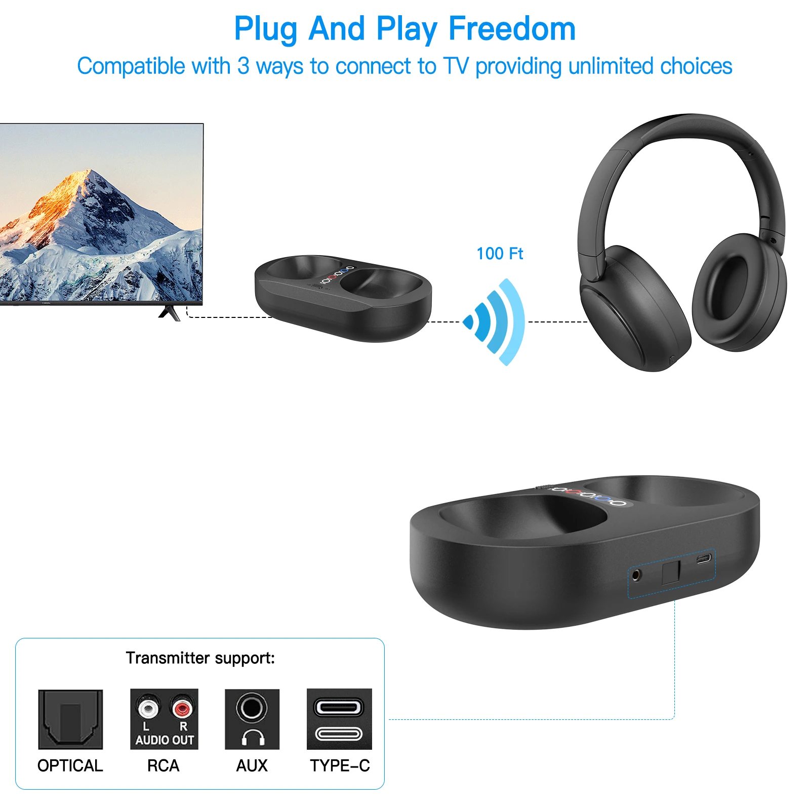 سماعات رأس eppfun بلوتوث + 2.4G لاسلكية لمشاهدة التلفزيون، قاعدة شحن جهاز إرسال التلفزيون مع RCA البصري، مدخل Aux