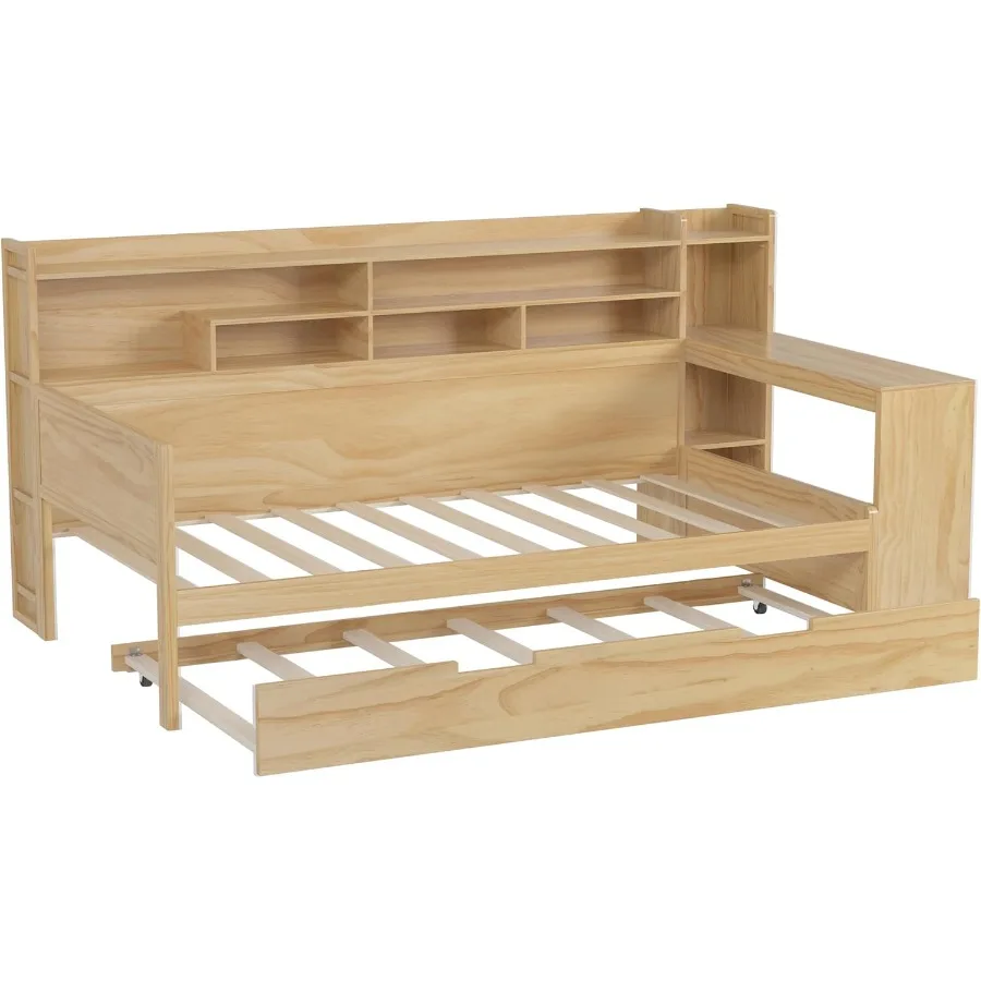 إطار سرير أريكة خشبي مزدوج الحجم مع أرفف تخزين دولاب بحجم مزدوج ومكتب دراسة لغرفة النوم ومنفذ شرائح خشبية بدون صندوق