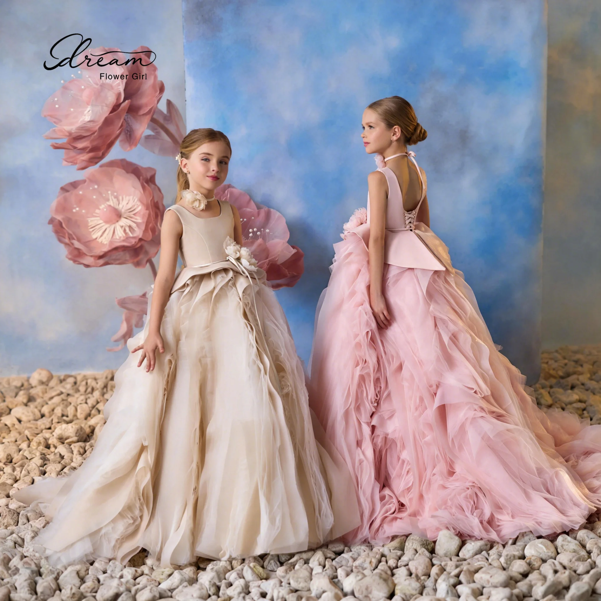 Elegant flower girl pink sleeveless trailing halter top backless floral floor-length evening dress