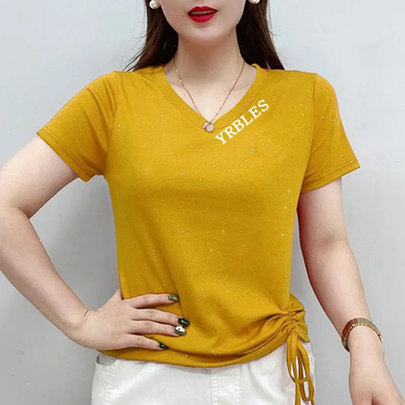 Fashion V-Neck Loose Letter Shirring Bandage Bow Blouse Female Clothing 2023 Summer New Casual Pullovers Tops Asymmetrical Shirt