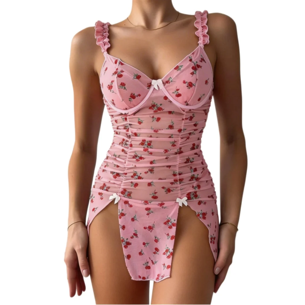 

Krasapt Romantic Pink Rose Flower Print Nightdress 2 Pcs Sets Sexy Side Slit High Waist Bodycon Dresses And Thongs Suits