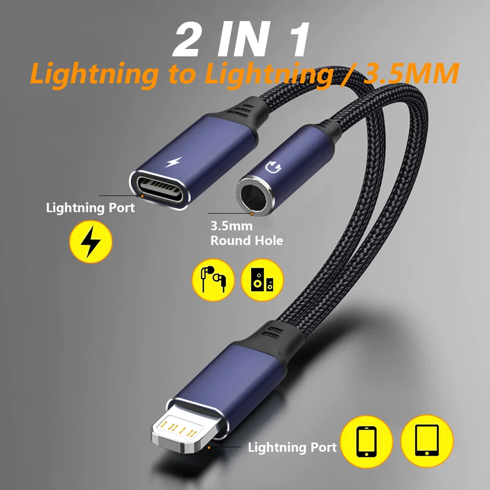 2-in-1 Lightning to 3.5 MM Headphone and Charger Adapter for iPhone 12 13 14 Pro Converter Dongle Audio Splitter