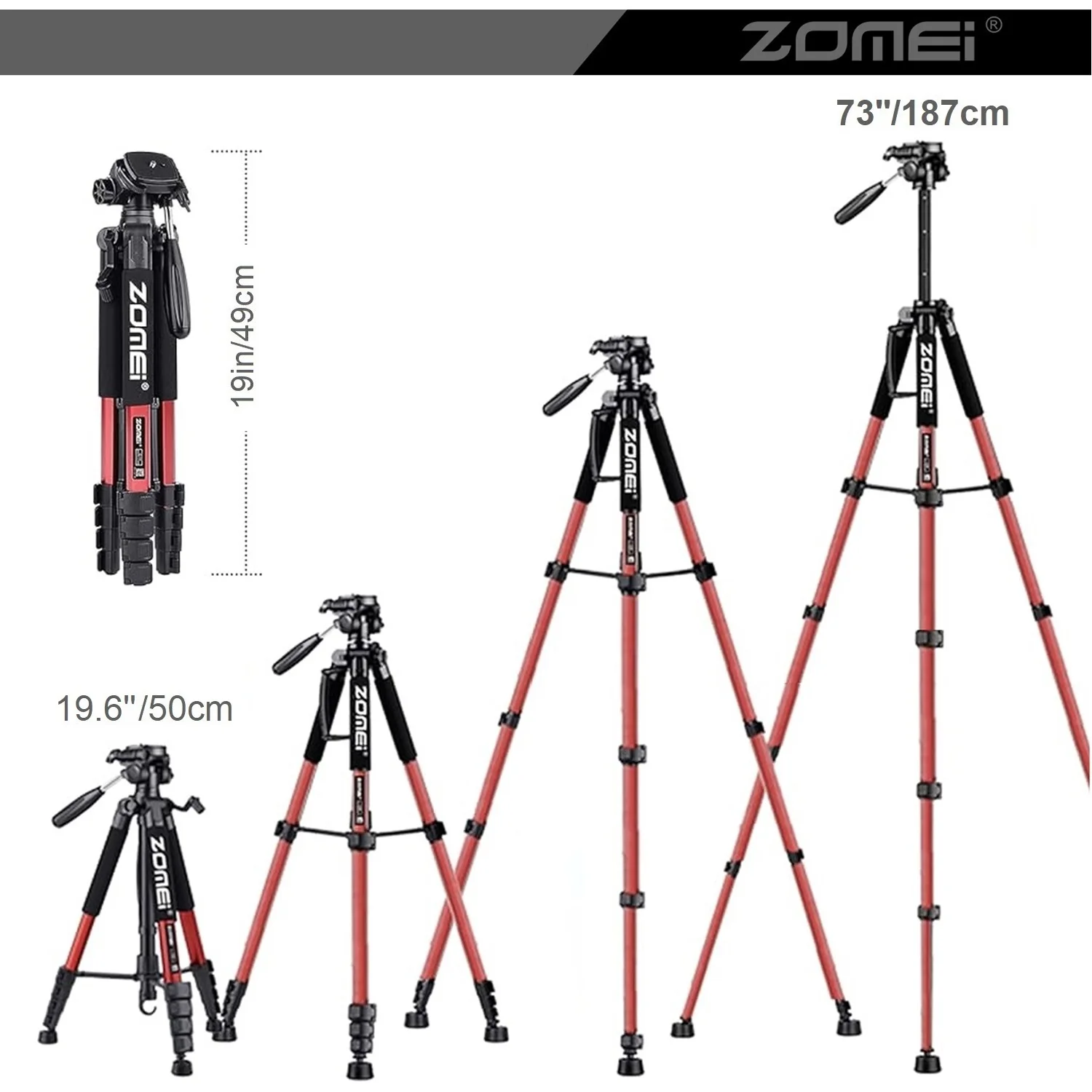 ZOMEI 73.6inch/187cm Adjust-height Lightweight Tripod with 360°Panorama Pan Head for Professional Camera DSLR Canon Nikon Mobile