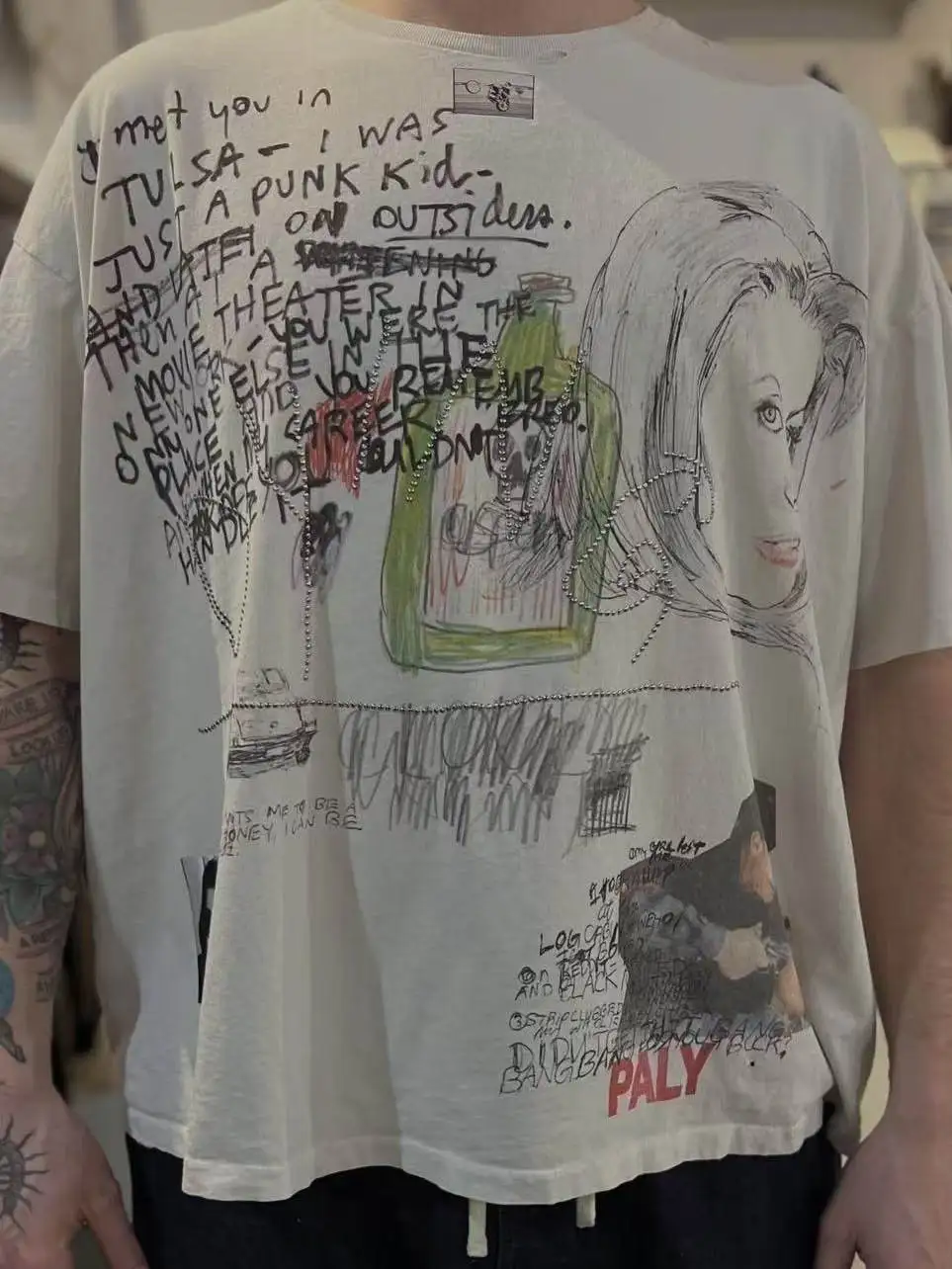 Paly Hollywood 26SS Portrait Hot Diamond Graffiti Print Wash Water Old Kurzarm-T-Shirt