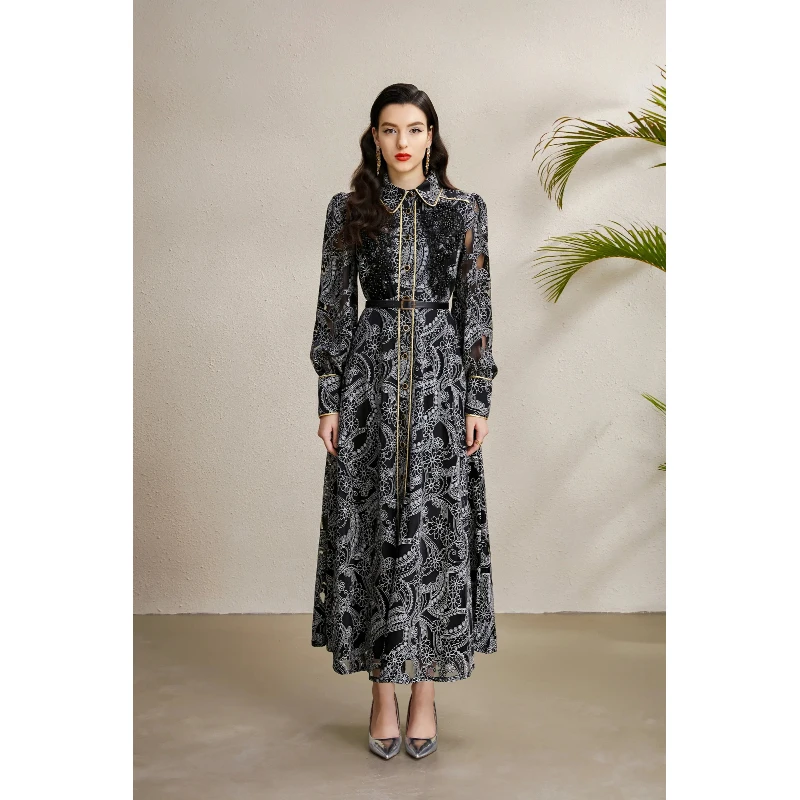 فستان ماكسي نسائي عتيق لخريف 2025 مع حواف ذهبية بروش مطرز بحاشية واسعة ودانتيل أنيق ملابس سهرة رسمية