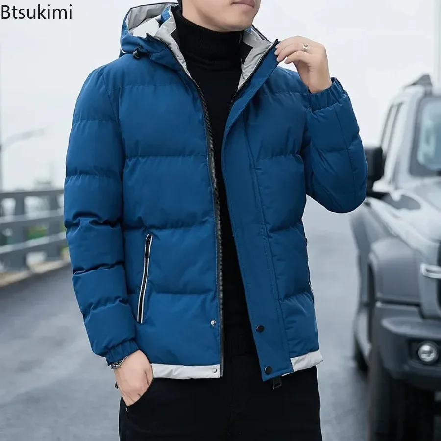 2024 Winter Korean Style Parkas Men\'s Puffer Jacket Long Sleeve Hooded Coats Bomber Jacket Thicker Warm Zipper Outerwear for Men