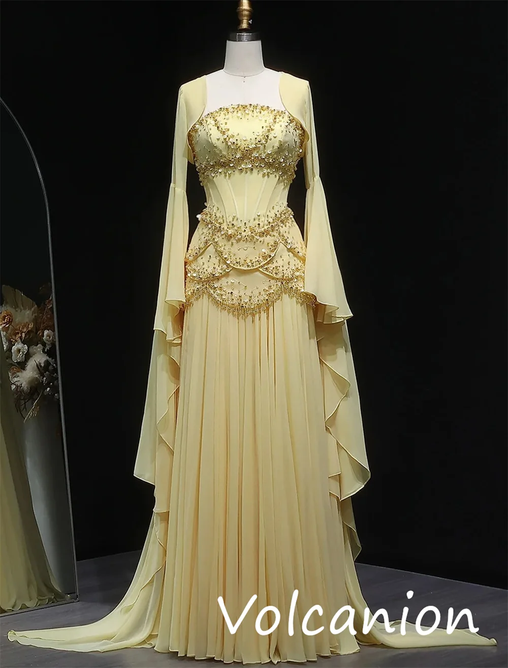 Personalizado estilo chinês chiffon lantejoulas plissado a linha vestidos longos recortados sob medida ocasião brilho