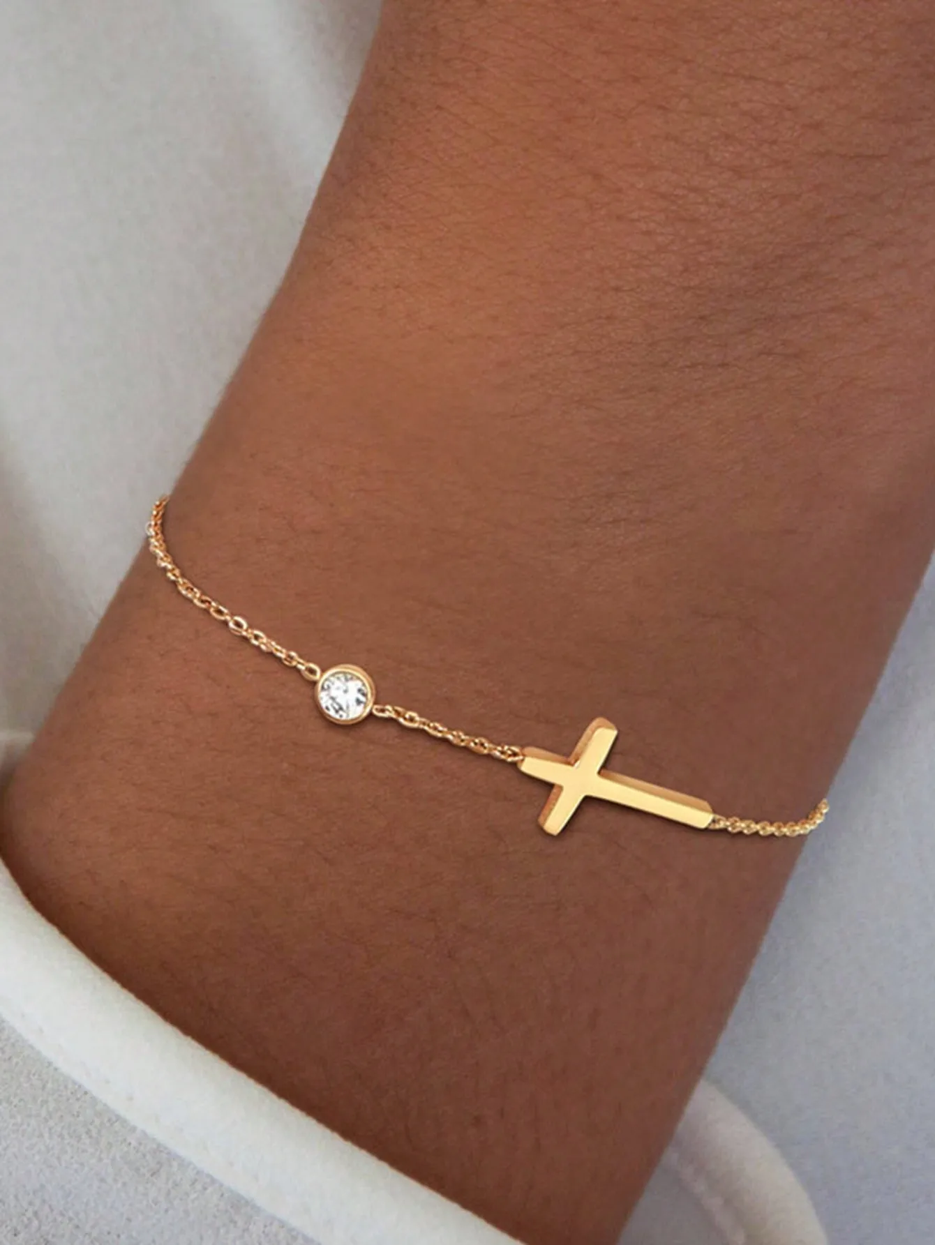 

Gold-Toned Stainless Steel Cross Charm Bracelet with Crystal Accent, Unisex Daily Wear