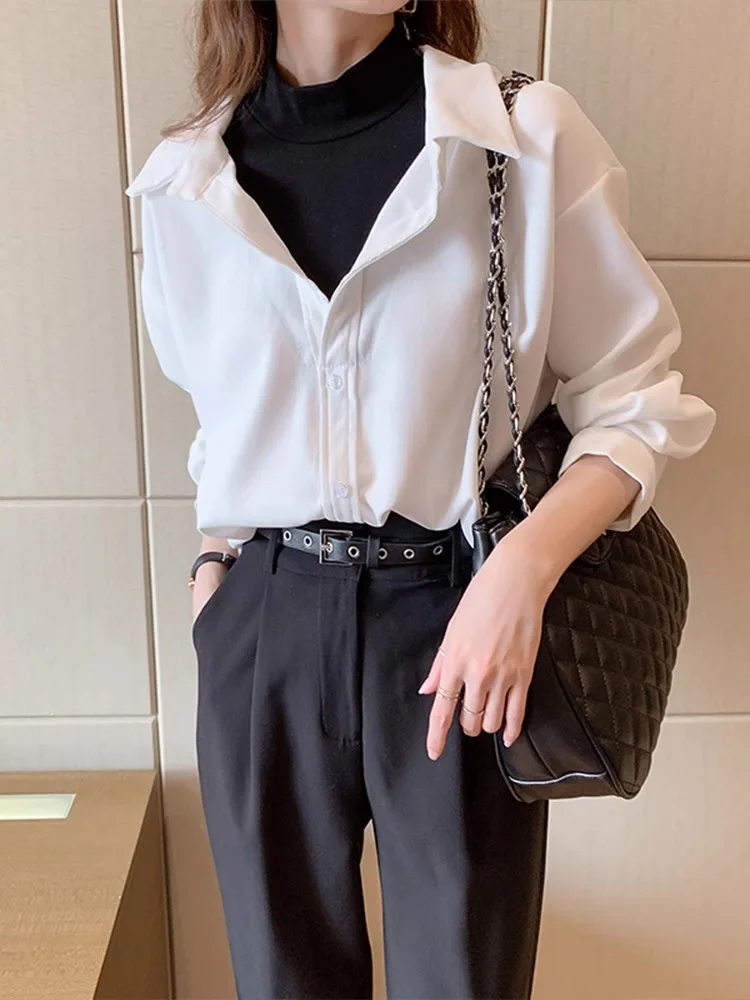 Fake Two Piece Shirt Women Patchwork Turtleneck Turn-down Collar Autumn Winter Casual Lady Long Sleeves Female Loose Blouse Tops