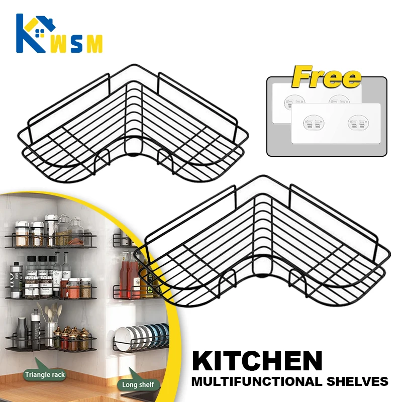 Kitchen Shelf Drill-Free Metal Shelf Wall Mounted Spice Organizer Kitchen Multifunctional Corner Shelf Kitchen Accessories