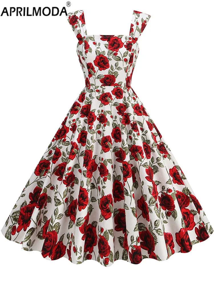 Spaghettibandjes Sexy Vintage Flare Tea Party Jurk Franse Stijl 50S Elegante Bloemenprint Pinup Catwalk Midi Korte Cocktailjurk