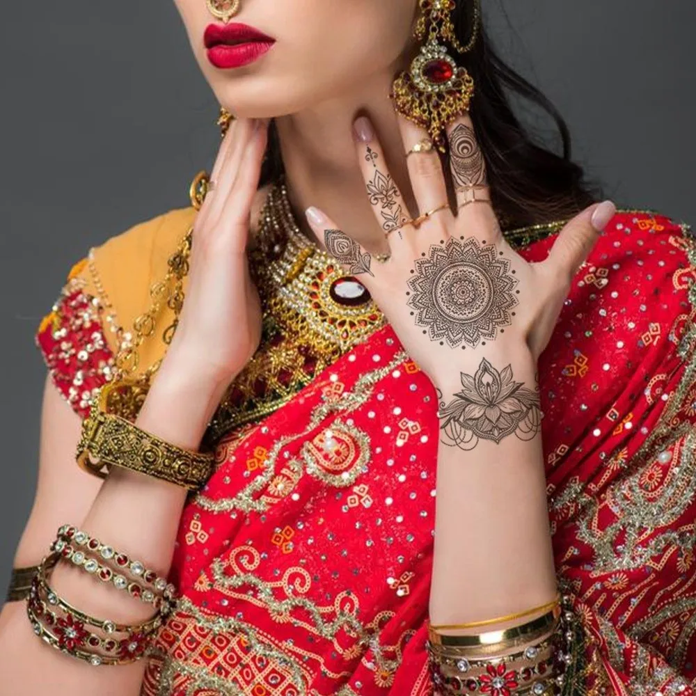 Water Transfer Decals Mandala Henna Tattoo Stickers Fake Instant Henna Temporary Tattoo Waterproof India Mehndi Flower
