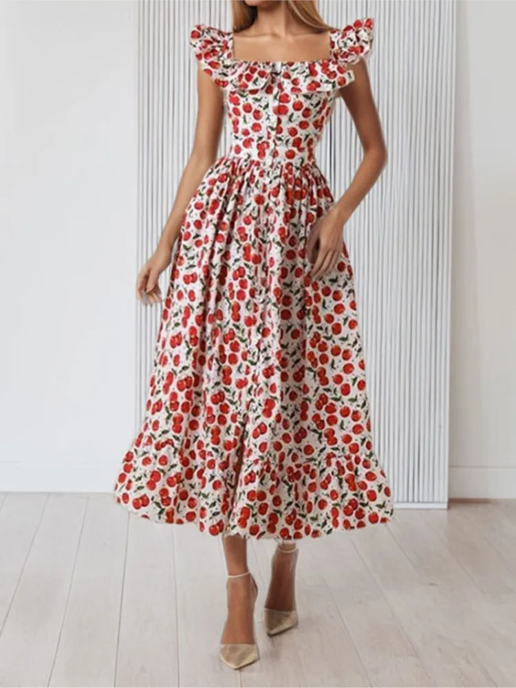 Abito casual a vita alta di nuova moda da donna Primavera Elegante temperamento Colletto quadrato Manica volante Abiti a vita con fiori spezzati