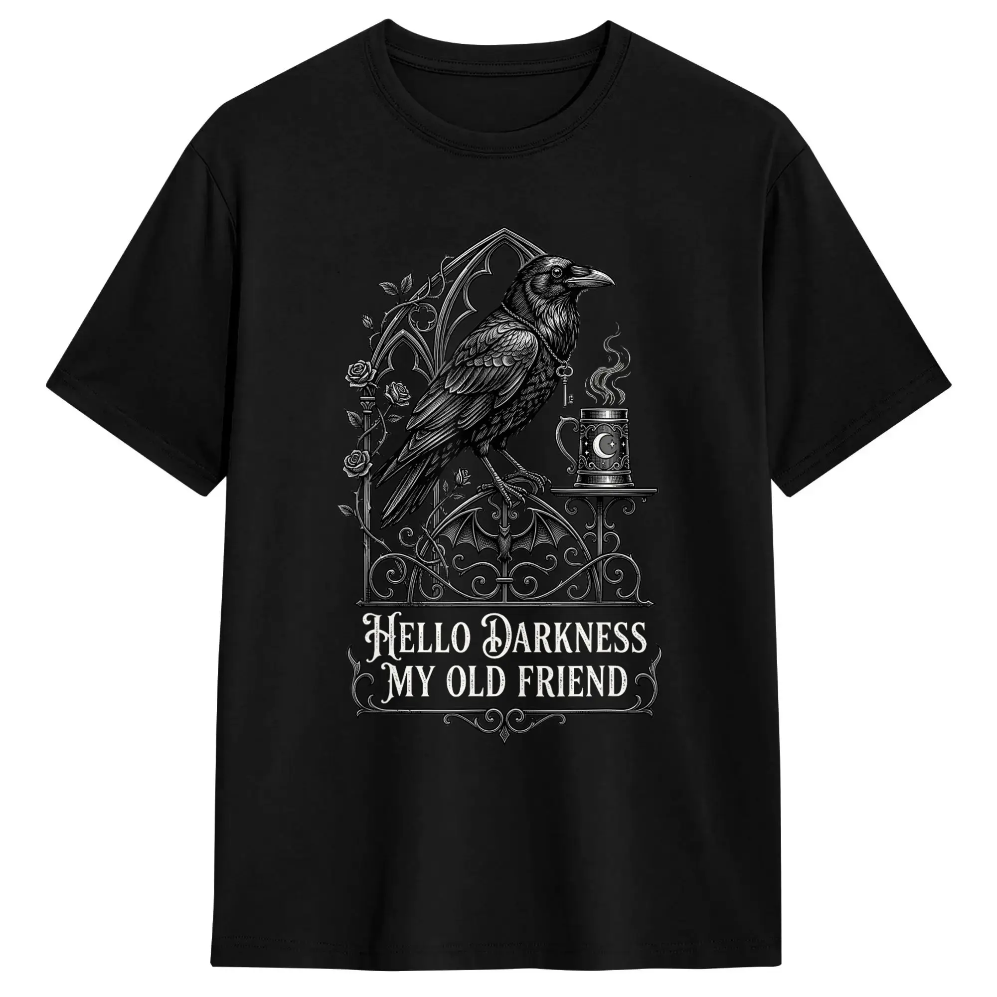 Hello Darkness My Old Friend Gothic Raven Coffee Bat Etching T Shirt Beach  Novelty T Shirts Men's 6XL Clothes Short-Sleeve Tops