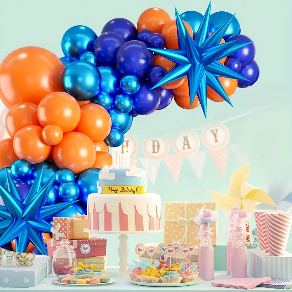 مجموعة قوس بالون أزرق برتقالي مكونة من 130 قطعة مناسبة لموضوع الفضاء الخارجي وحفلات أعياد الميلاد وحفلات التخرج والديكور اليومي