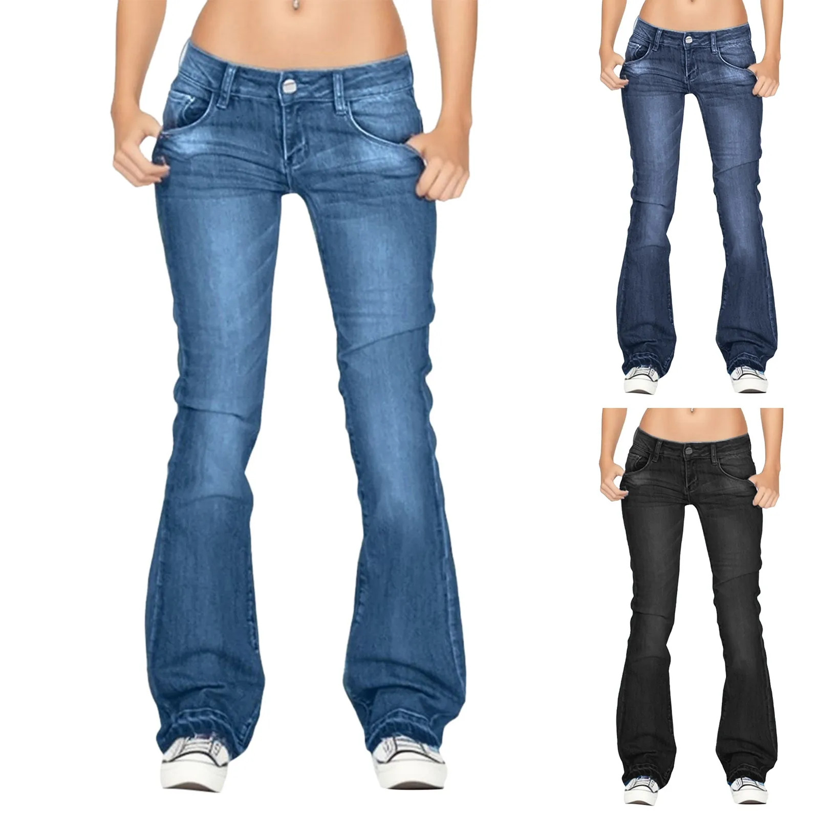 Calças de cintura elástica para mulheres, jeans femininos, comprimento médio, sino, comprimento fino, flare, jeans