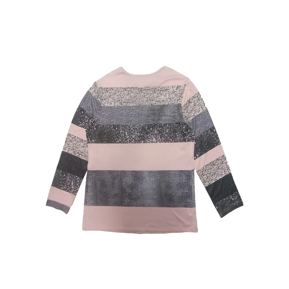 Nueva camiseta de manga larga a rayas con cuello en V para mujer de talla grande, camiseta de manga larga con estampado en forma de corazón y cuello en V a la moda
