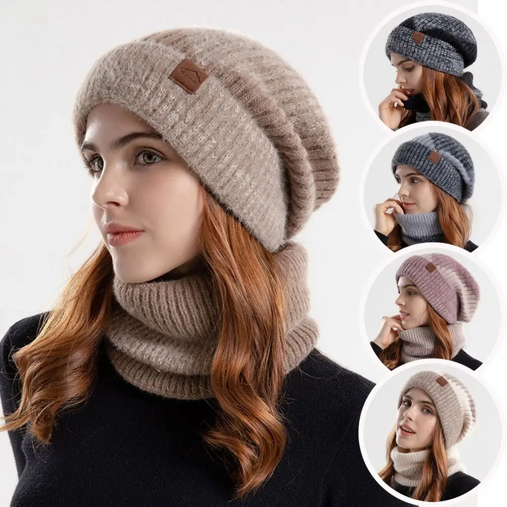 New Thicken Soft Hat Scarf Set Windproof Coldproof Fleece Lined Neck Warmer Warm Beanie Hat for Women