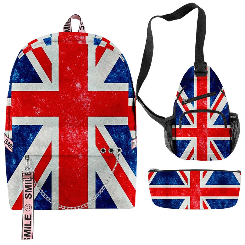 Creative Fashion Funny National Flag 3D Print 3pcs/Set Student School Bags multifunction Travel Backpack Chest Bag Pencil Case