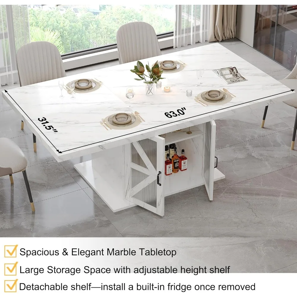 Mesa de jantar moderna LVB para 4 a 6, mesa de cozinha retangular branca com armazenamento, mesa de sala de jantar com pedestal de madeira com geladeira Sp