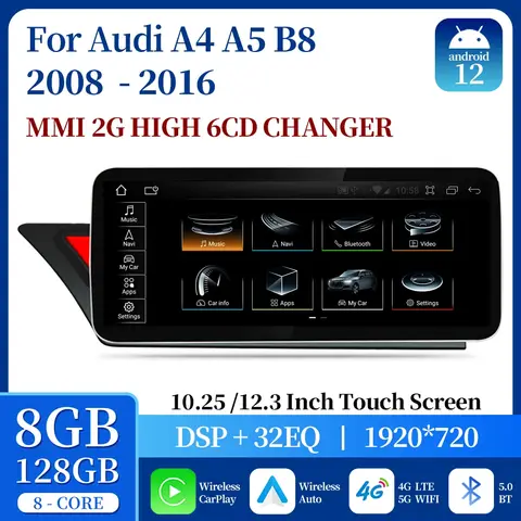 아우디 A4 B8 A5 2008 2009 2010 MMI 2G 하이 CD 체인저, 자동차 스크린 플레이어, GPS 네비게이션, 멀티미디어 라디오, 카플레이, 안드로이드 12