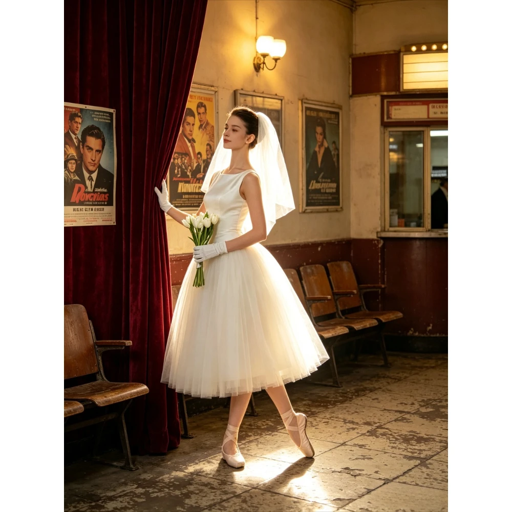 Customized Round Neck Ballet Style Chiffon Mini Wedding Dress 2026 Elegant Back Strap Vintage Bridal Gown Suitable for Dances