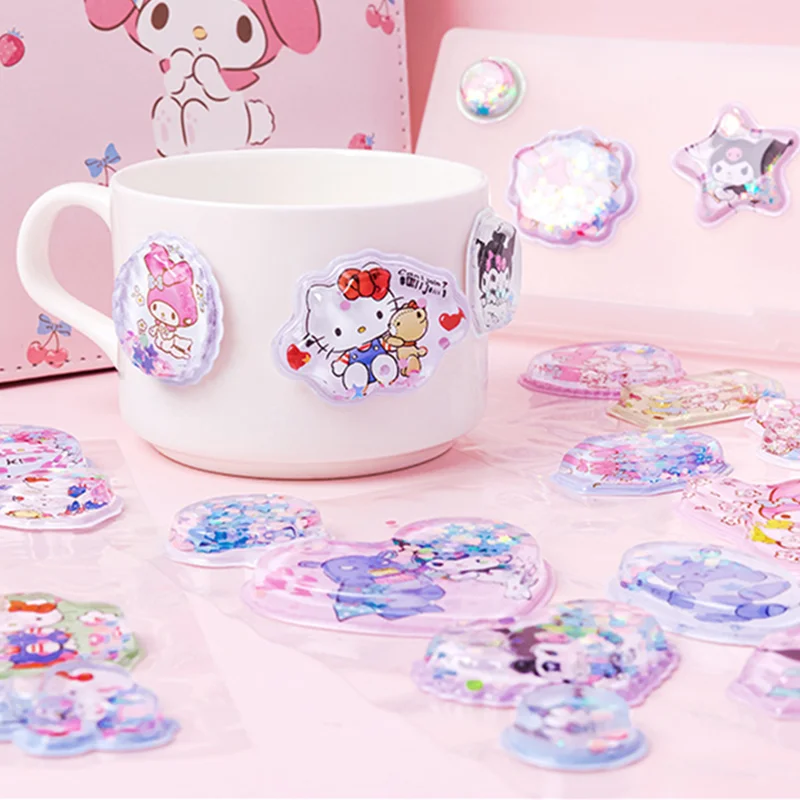 Sanrio 3D Shake Water Sticker Kawaii Hello Kitty Kuromi Three-dimensional Crystal Decoration Handbook Sticker Children\'s ToyGift