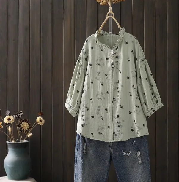 

Бюст 120 см, японский стиль, хлопковая пряжа, воротник-стойка, розовые, зеленые, белые рубашки и блузки с принтом для женщин, осенние топы с короткими рукавами