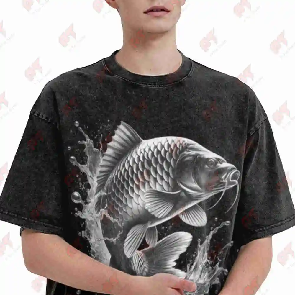Carp Jumping Out Of The Water Fish Design Fishermen Vintage Washed Tee Pure Cotton T-Shirt