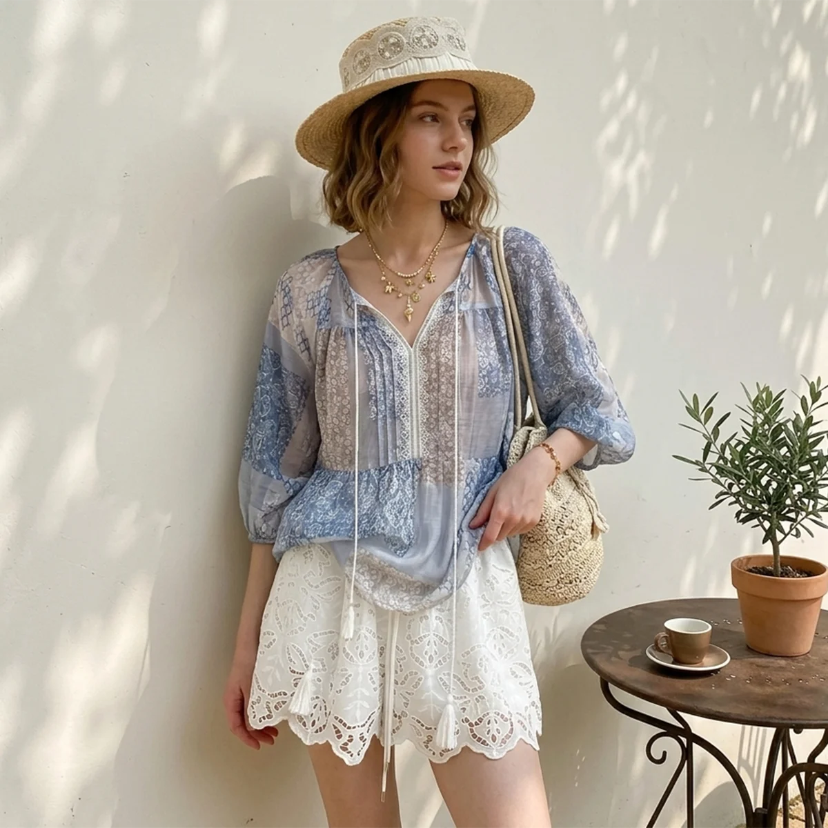 

Женская блузка в стиле бохо с синим пэчворк-принтом, сексуальная, с V-образным вырезом, кружевной отделкой, завязками спереди, рукавами-фонариками, свободного кроя, праздничный топ с пеплумом, лето 2026