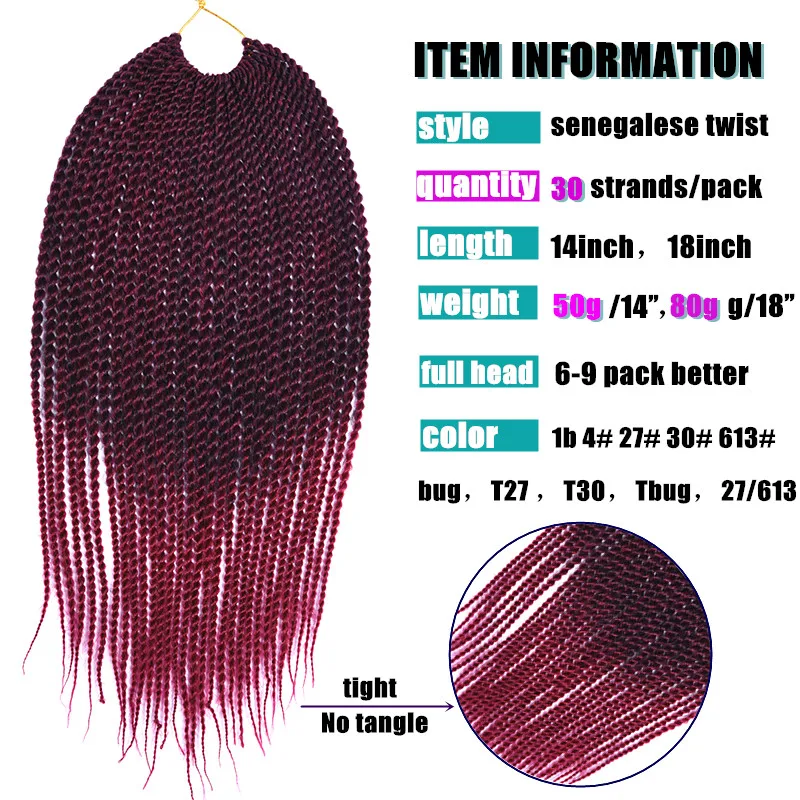 Full Star Senegalese Twist Crochet ผม Braids 30Strands/Pack 1-7 Pack 14 "18" สีบลอนด์สีเทาสีสังเคราะห์ผม Twist Braid