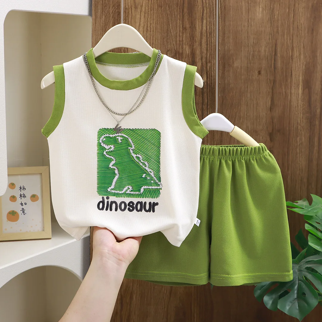 2026 New Summer Kids Boys Set Sleeveless Dinosaur Mesh Tank Top Shorts 1-7Y Children Cool Tracksuit Girls Playwear Outfits