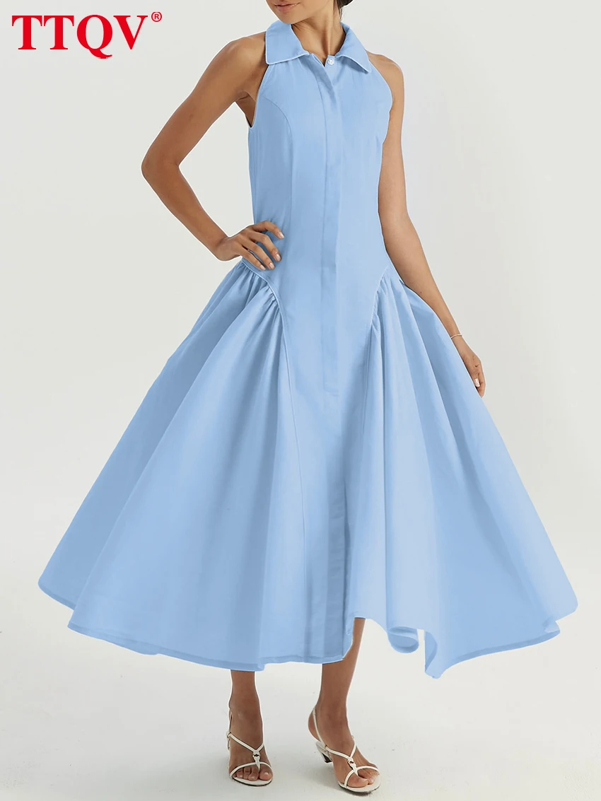 

TTQV Summer Loose Blue Cotton Women's Dress 2026 Sexy Lape Sleeveless Midi Dresses Lady Elegant Classic Pleated Female Dress