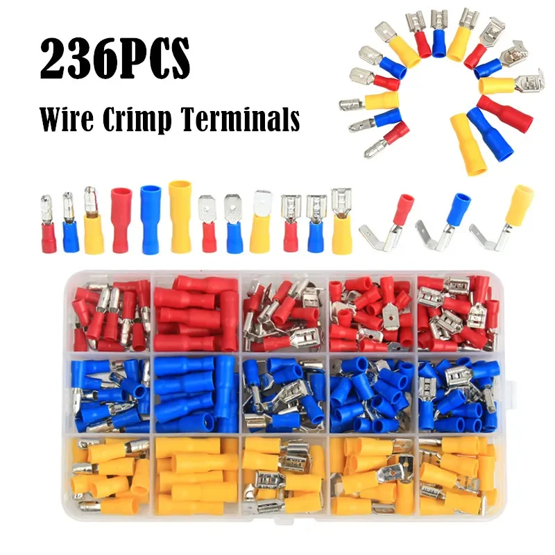 258/236/122PCS Insulated Electrical Wire Crimp Connectors Spade Butt Ring Fork Ring Lugs Rolled Terminals Crimp Plier Tool kit