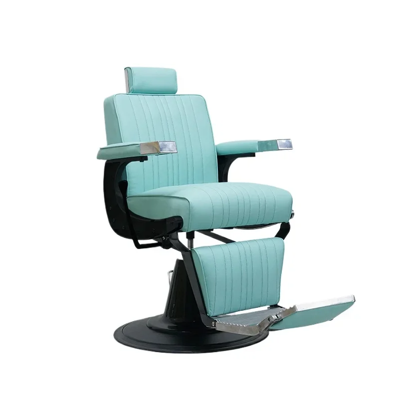 Blue Barber Chair Synthetic Leather Gold Reclining Chair Men's Barber Shop