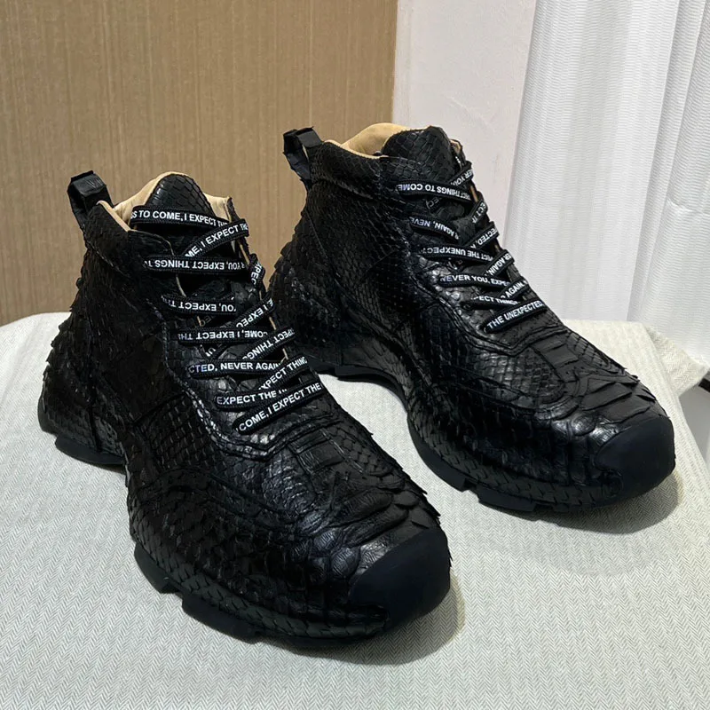 New Men's Shoes Autumn Winter Python Snake Skin High Top Casual Versatile Real Leather Men's Black  Trendy Wear-resistant Shoes