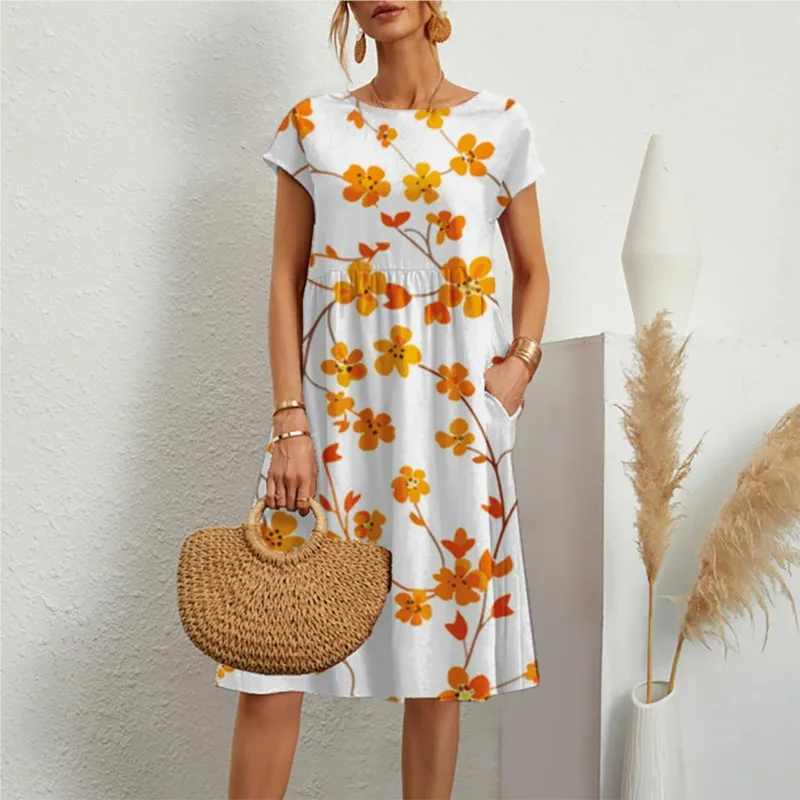 

Women's Summer Casual Floral Printed Daily Dress Fashion Short Sleeve Crew Neck Loose Dresses Boho Beach Swing Vacation Sundress