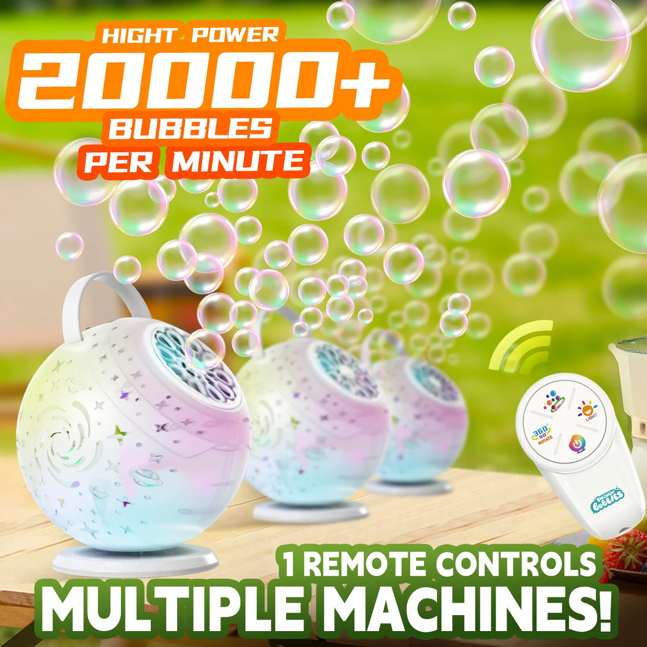 Rechargeable Bubble Machine - Auto 90°/360° Rotation, Remote Control(65-131ft), 9-Color LED, Larger Bubbles Design, Bubbles Make