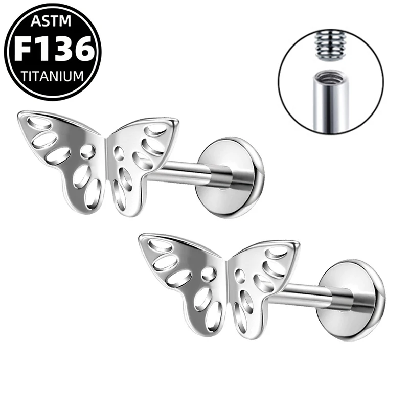 ASTM F136 Titanium Ear Stud Earrings, 18G/12G Butterfly Internally Threaded Flat Back Labret Stackable Body Piercing Jewelry