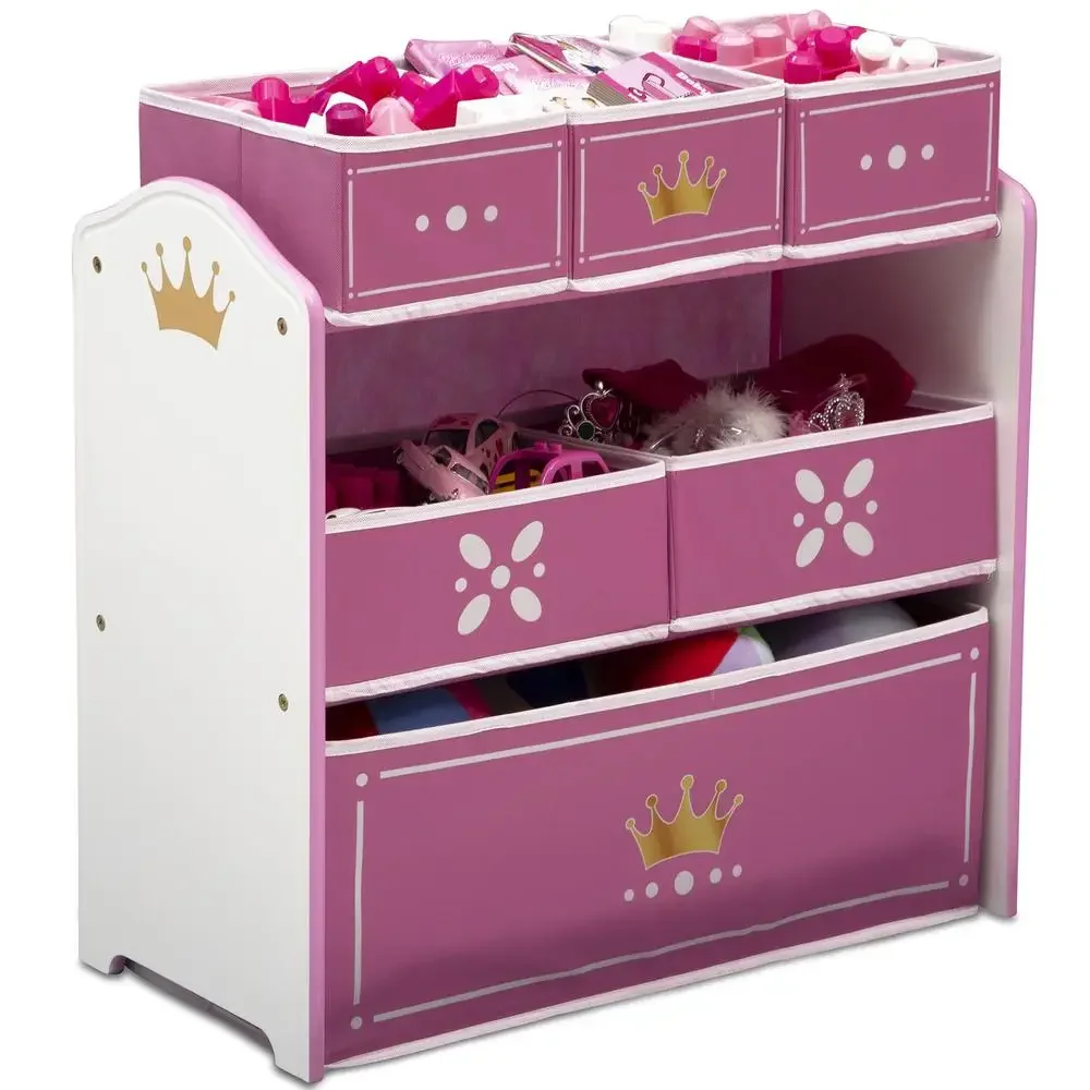 Princess Crown Multi-Bin Toy Organizer Storage Rack Kids 3  Metallic Gold Crown Emblems Easy Assembly Durable Wood and Fabric