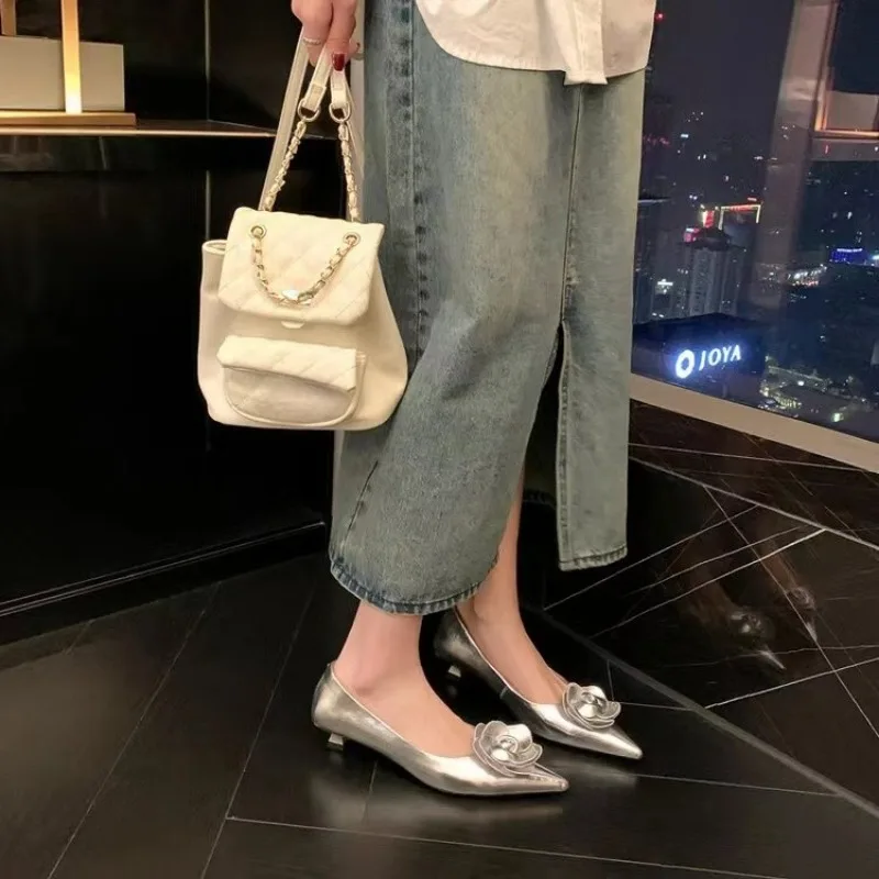 New Flashion Women Heels Loafers Elegant Woman Shoes Low Heels Wedding  Bride Pointed Toe Silver Gold Rose Evening Party Shoes