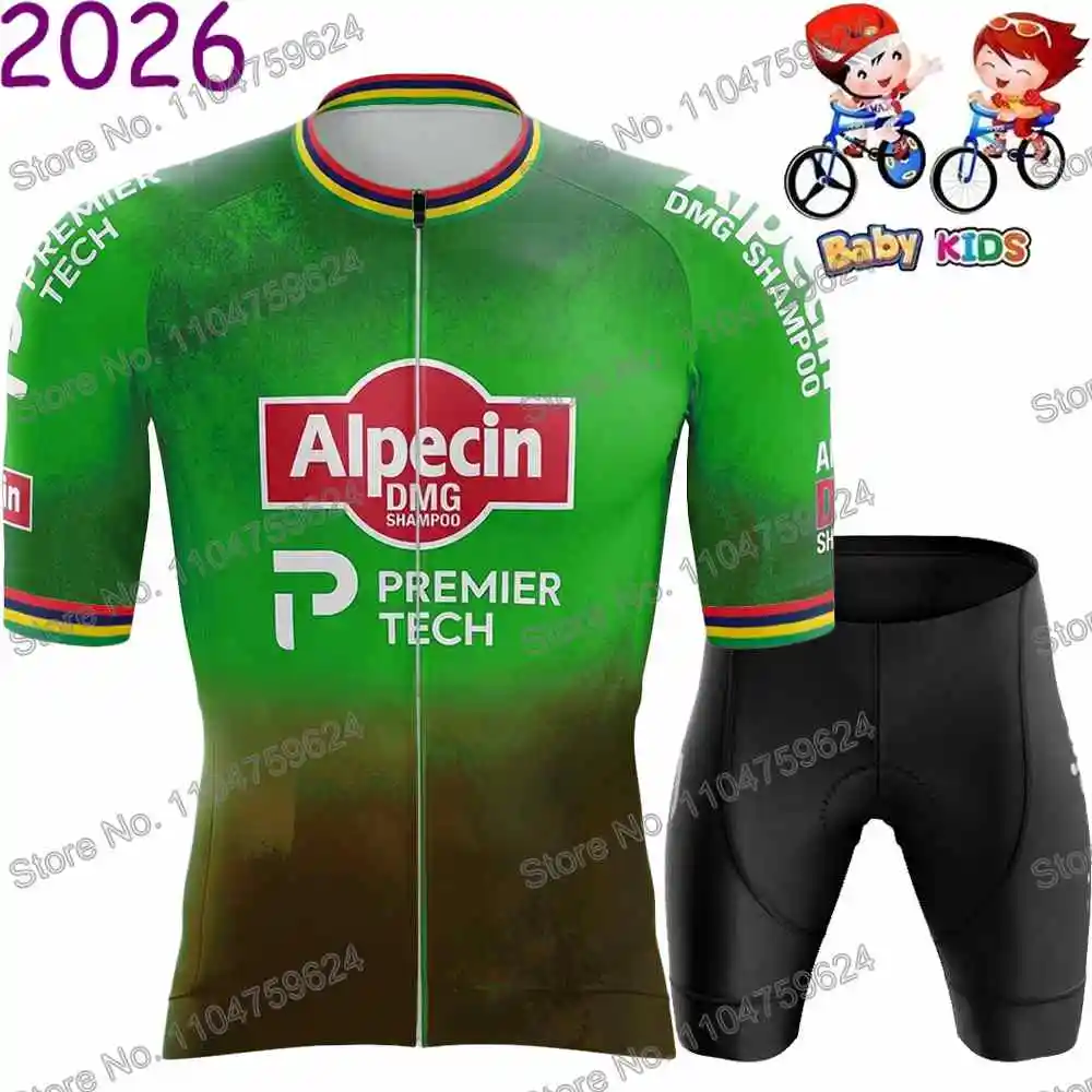 Niños Alpecin Premier-Tech 2026 Campeón del mundo Conjunto de maillot de ciclismo Verano Muchachos Ropa de ciclismo Traje de camisa de bicicleta de carrera Ronde van Vlaanderen BTT Pantalones cortos de bicicleta