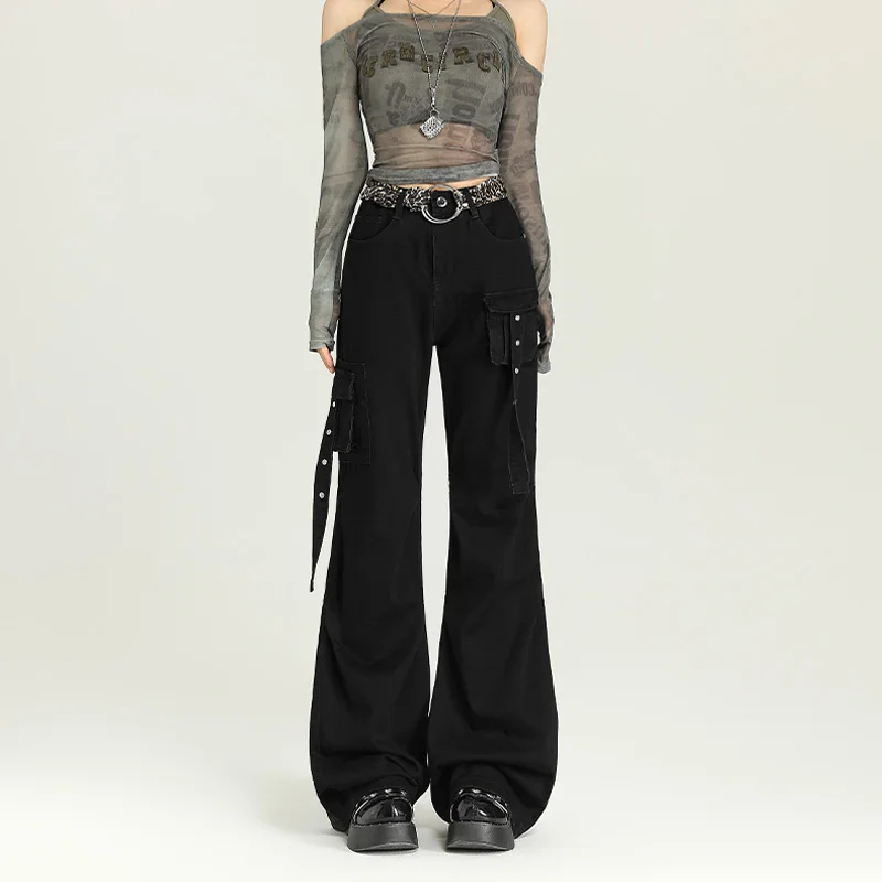 

New Loose Straight Leg Popular Casual Denim Pants for Women 2025 Autumn Elastic Cargo Micro Flare Trousers Trendy Outfit