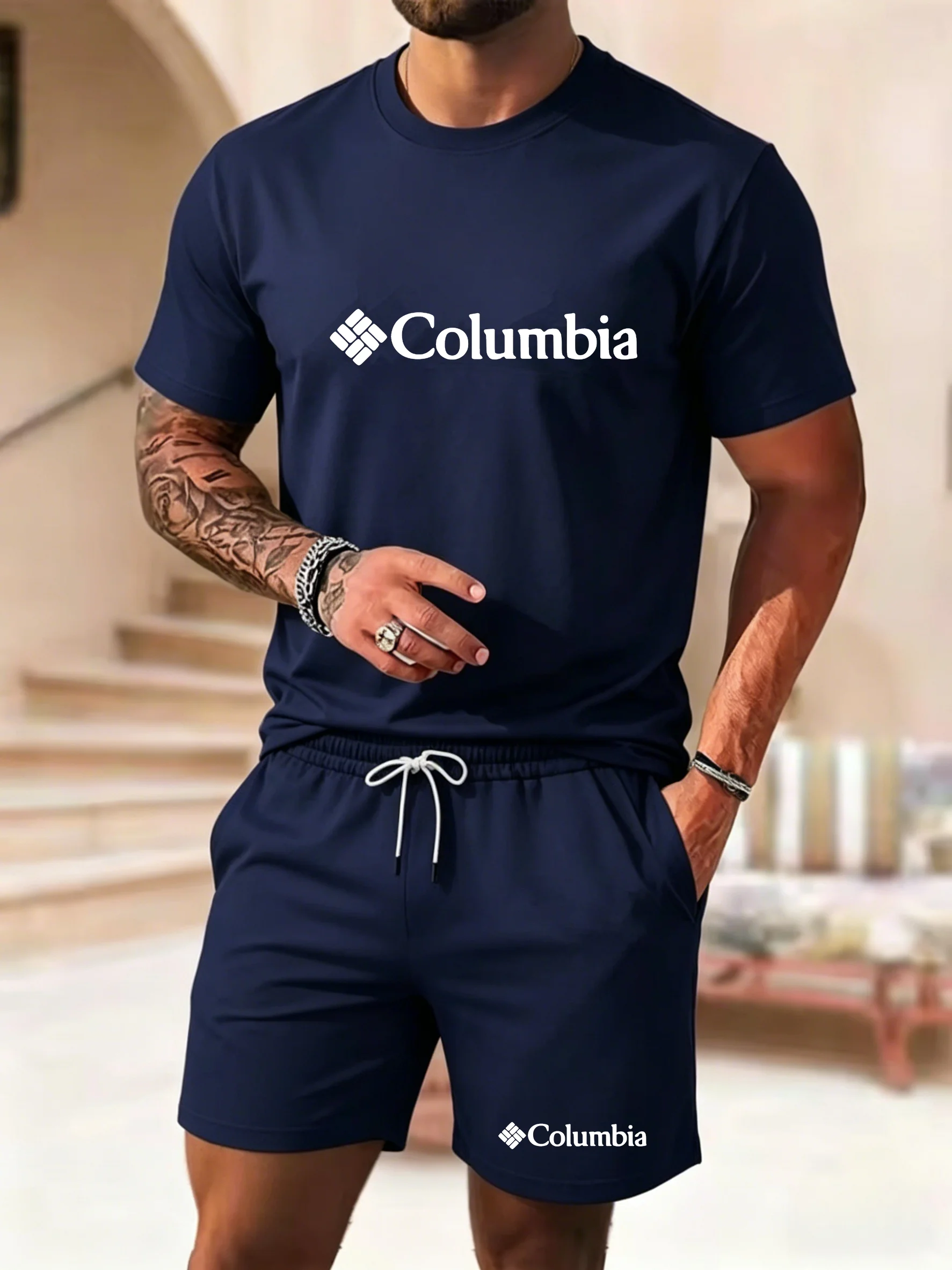 New Men's Short Sleeve Shorts Set Trendy Print T-Shirt Shorts 2-Piece Casual Round Neck Breathable Sports Wear view 6