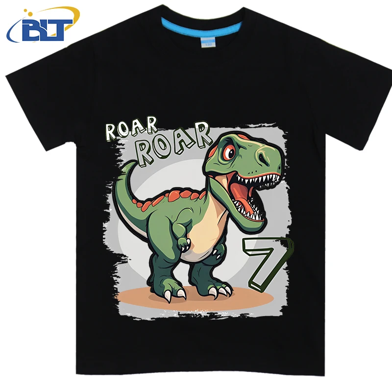 T-Rex birthday for 7 year olds printed kids T-shirt summer cotton short-sleeved casual top suitable for boys and girls