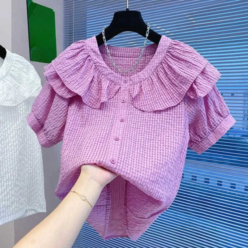 Girls' Summer Blouse 2026 Big Kids Short Sleeve Top with Bubble Sleeve Double Layer Peter Pan Collar Ruffle Hem Casual Fashion​