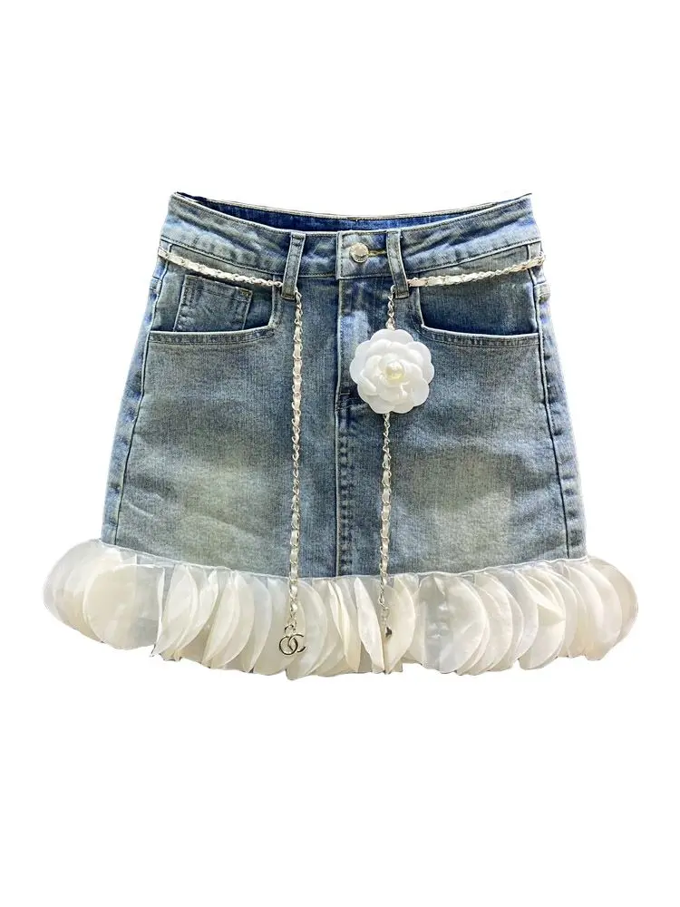 Hip-Covering Short Skirt With Spliced ​​Design And High Waist 2024 Summerniche Denim Skirt For Women Slim And Lazy Style