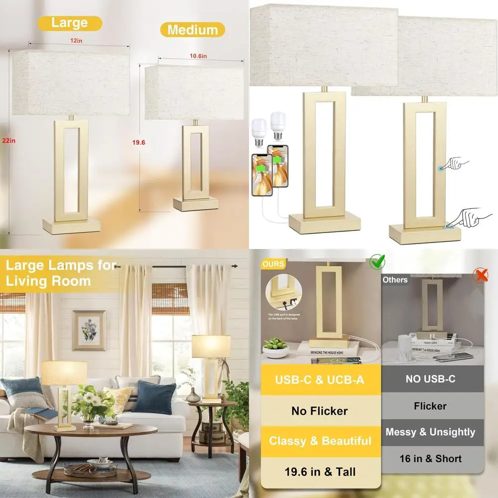 

22 Tall 3-Way Dimmable Bedside Lamp with USB Ports, Modern Touch Gold for Bedroom and Living Room, Beige & Gold