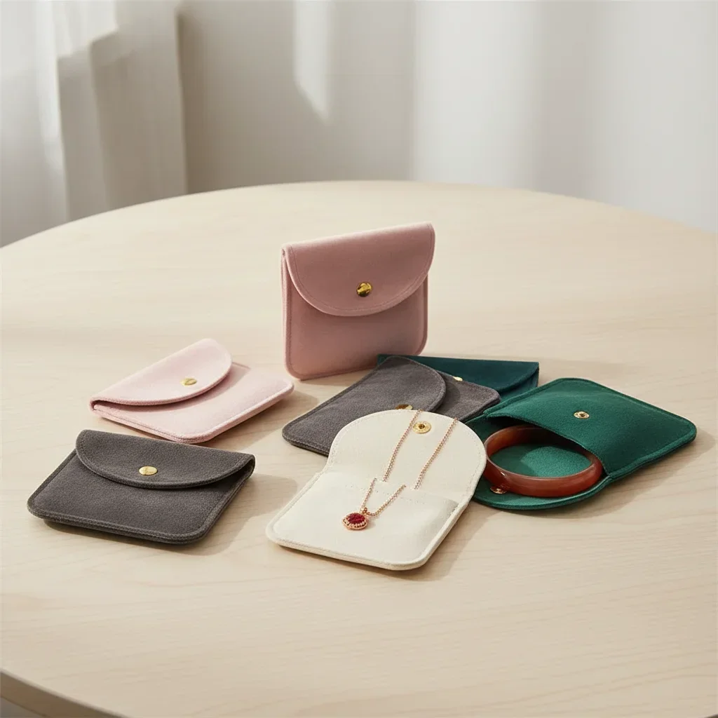 5 Pcs Beige/Green/Grey/Red/Pink Dust Protect Snap Button Velvet Jewelry Bag Storage Pouch Gift Bag Packaging Bag